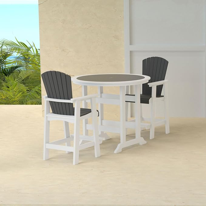 Outdoor Bar Height Table and Chairs Set of 3, Round Counter Bar Table with 1.96" Umbrella Hole, 2 Pcs Tall Adirondack Chairs Bar Stools with Arm, Patio Dining Set for Backyard Deck Balcony Front Porch