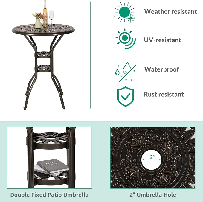 VIVIJASON 31" Patio Height Bar Table, All-Weather Cast Aluminum Bar Bistro Table Outdoor Patio Round Dining Table with Umbrella Hole for Balcony, Lawn, Garden, Backyard, Antique Bronze