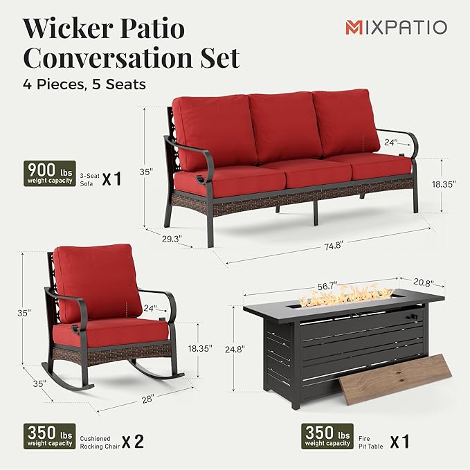 Patio Furniture Set with Firepit Table, Black Frame Outdoor Conversation Set with 2 x Rocking Chairs, 1 x 3-Seat Sofa for Lawn Garden Backyard, Red