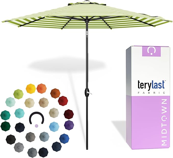 Midtown Umbrellas The Lean 8 Feet Outdoor Umbrella With Terylast Pear Stripes (Green/White Stripes) Polyester Fabric - Auto-Tilt Aluminum Frame Patio Umbrella For Deck, Garden, Pool - Black Pole