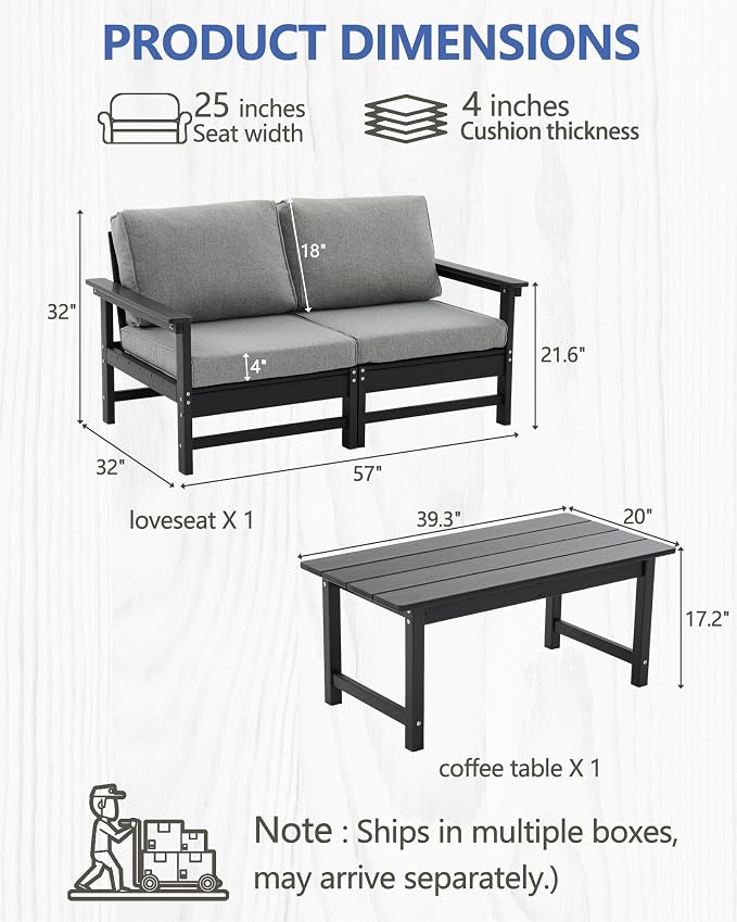 HDPE Outdoor Patio Furniture Set, 3-Piece Sofa Set with Loveseat Couch & Coffee Table, Weatherproof Conversation Set with Cushions, All-Weather Waterproof, for Garden, Porch & Backyard