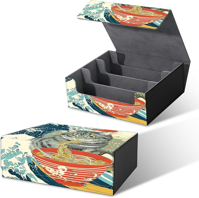 Large Card Deck Box for MTG, Fits 1200+ Sleeved Cards, PU Leather Storage Case with Strong Magnetic Closure, Multiple Colors for TCG CCG Baseball Card Collections, Wave Noodles Cat
