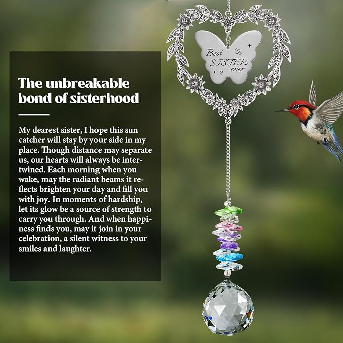 Suncatcher Gift for Sister Birthday, Best Sister Ever Crystal Ornament | Heart-shaped Gift for Big Sister, Unique Long Distance Gifts for Sister Adult, Indoor Window Decoration Sun Catcher