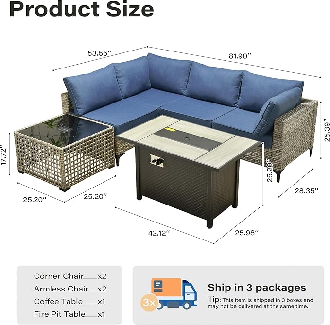 6 Pieces Patio Furniture Set with 42" Fire Pit, All-Weather Rattan Outdoor Sectional Conversation Sets L Shaped Sofas with Solar Light Coffee Table for Porch Balcony Backyard Denim Blue