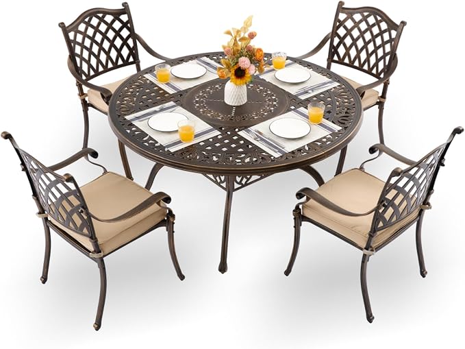 5-Pcs Cast Aluminum Patio Dining Set for 4, 54" Round Table,Bronze | Outdoor Furniture Set Include Dining Table and 4 Stackable Chairs with Cushions & Umbrella Hole