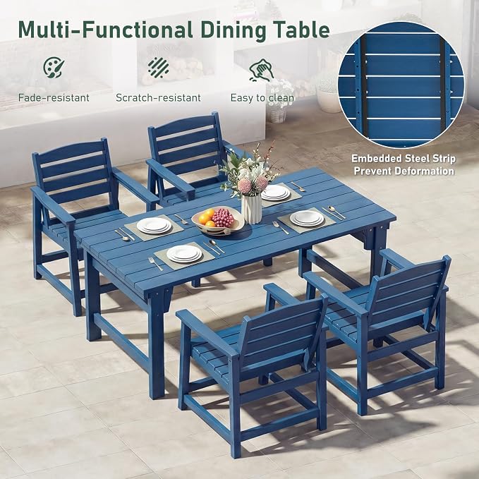 Furnimart 5-Piece Outdoor Dining Set, 67" HDPE Dining Table and Chairs for 4, All-Weather Patio Dining Set with Umbrella Hole, Outdoor Furniture Set for Backyard, Garden, Lawn & Poolside, Blue
