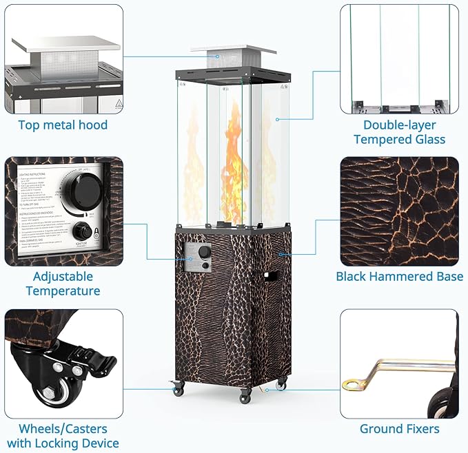 OTSUN 56'' Outdoor Patio Heater, Propane Heater with Wheels, Metal hood, Weather Cover, 201 Double Tempered glass, 41000 BTU with CSA Certification Gas Fireplace