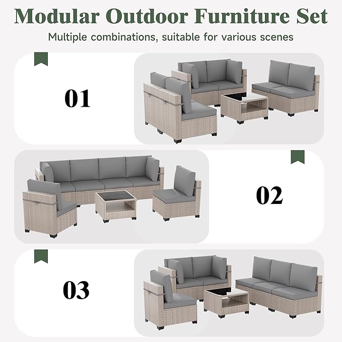 11 Pieces Patio Furniture Set with Fire Pit Table, Outdoor Sectional Wicker Sofa with Thick Cushions, High Back Swivel Rocker Patio Chairs, Rattan Conversation Set with Coffee Table, Grey