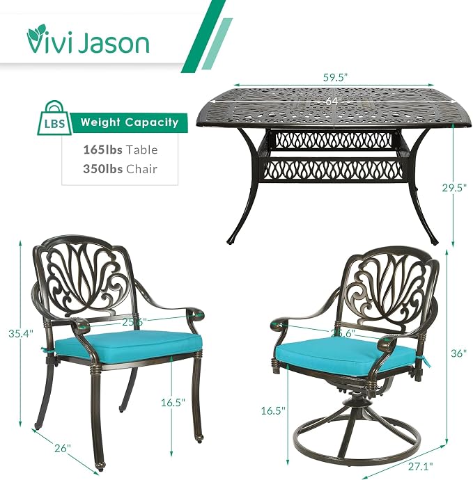 VIVIJASON 9-Piece Outdoor Furniture Dining Set, Cast Aluminum Patio Table and Chairs Set with 4 Stationary Chairs, 4 Swivel Rocker Chairs, 64" Large Square Dining Table, Umbrella Hole, Ocean Blue