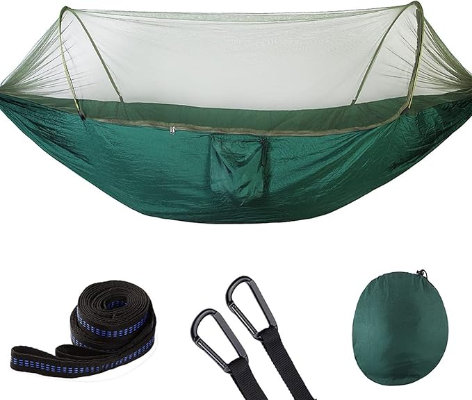 Outdoor Automatic Hammock with Mosquito Net Nylon Portable Lightweight Double Hammock for Camping with 2m Tree Straps Green 9.5'x4.5'