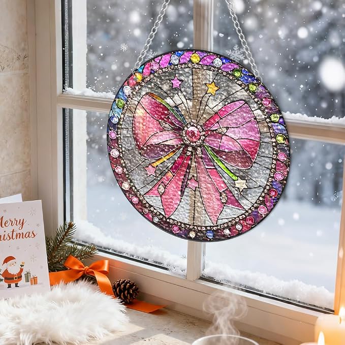 Acrylic Suncatcher Window Hanging, Pink Bow Sun Catcher Rainbow Indoor Window Decoration for Living Room Bedroom, Unique Gift for Mom Wife & Friends, 7.87 inches