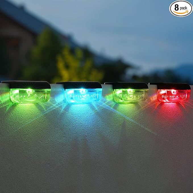 Herzila Solar Step Lights Outdoor, 8 Pack RGB Color Changing Christmas Solar Fence Lights, Waterproof Deck Lights for Outside, Step, Fence, Deck, Stair, Pool and Yard