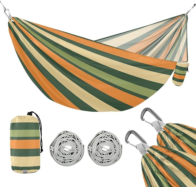 Camping Hammock Outdoor Hammocks for Outside Stripe Green Orange Beach Trees Portable Lightweight with Pockets Tree Straps Indoor