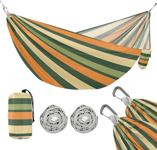 Camping Hammock Outdoor Hammocks for Outside Stripe Green Orange Beach Trees Portable Lightweight with Pockets Tree Straps Indoor