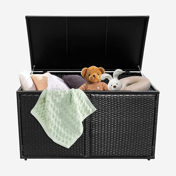 RELAX4LIFE PE Wicker Storage Box - Outdoor 88 Gallon 2-Tier Deck Box for Patio Furniture Toys Storage w/Lid & Front Doors, All Weather Rattan Storage Bin for Backyard Garden Poolside Porch (Black)