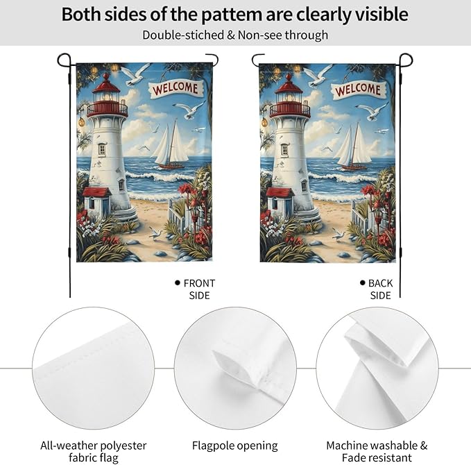 Lighthouse With Beach Garden Flag 12x18 Inch Double Sided All-Weather Polyester Outdoor Flag For Patio Lawn Yard And Garden Welcome Decor
