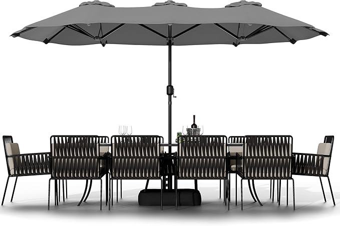 Shintenchi 16FT Large Patio Umbrella with Base Included, Outdoor Double-Sided Rectangular Shade with Crank Handle for Poolside Lawn, Deck & Garden, Gray