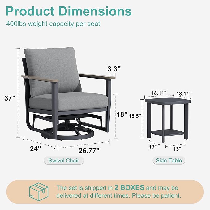 6-Piece Aluminum Patio Rocking Swivel Chair Outdoor Bistro Set, Patio Conversation Set Outdoor Patio Furniture Set with High Backrest & Thickened Cushions for Garden, Deck and Balcony, Grey