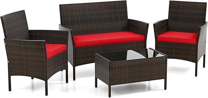 DORTALA 4-Piece Rattan Patio Furniture Set, Outdoor Table & Chair Set with Tempered Glass Coffee Table, Cushion, Wicker Conversation Set for Garden, Lawn, Poolside and Backyard, Red