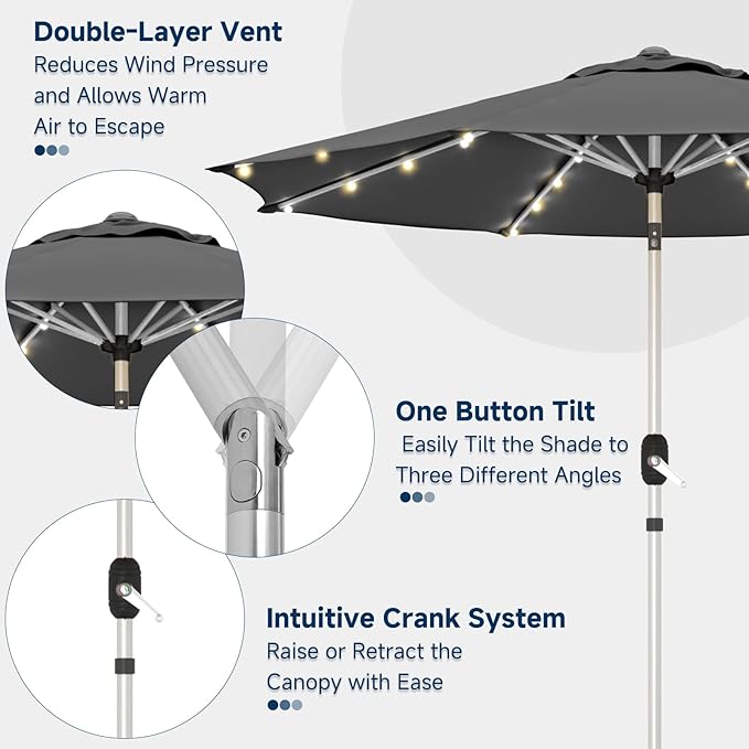 9FT Aluminum Patio Umbrella with 40-LED Solar Lighted, Fade-Resistant Outdoor Market Table Umbrella with Push Button Tilt Function, 8 Sturdy All-Aluminum Ribs for Gardens, Decks, Backyards & Pools