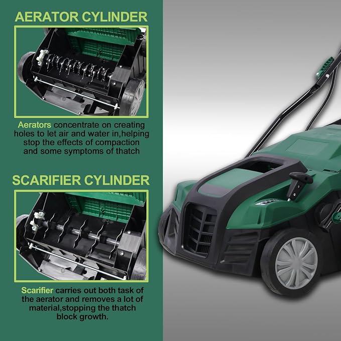 16 Inches Scarifier,2-in-1 Electric Dethatcher Scarifier with Removable Collection Bag,Lawn Scarifier with Adjustable System,Electric Lawn Dethatcher for Home Garden