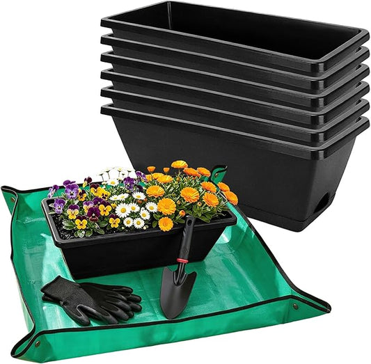 7 Pack Window Box Planters, 17 Inch Plastic Rectangular Flower Pots for Indoor/Outdoor Plants, Herbs, Vegetables, Includes Trowel, Waterproof Mat & Gloves (Black)