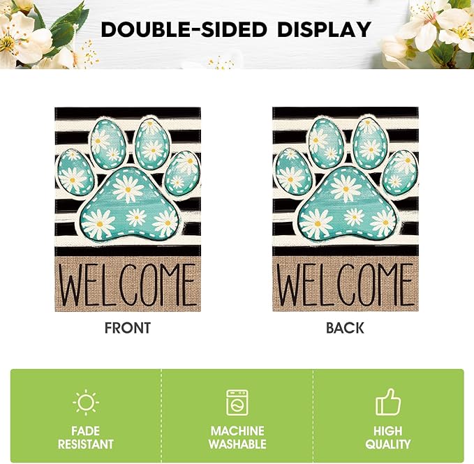 AVOIN colorlife Blue Paw Print Spring Garden Flag 12x18 Inch Double Sided Outside, Daisy Floral Welcome Stripes Yard Outdoor Flag