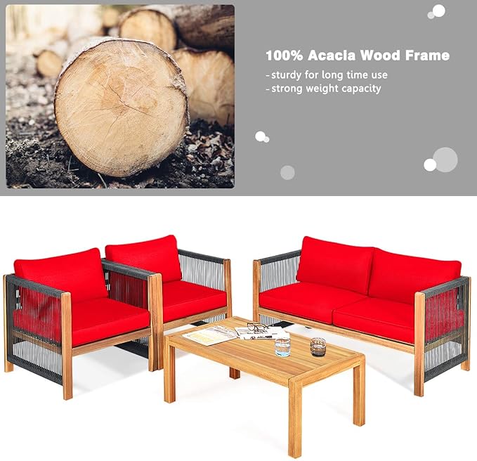Tangkula Outdoor Wood Furniture Set, Acacia Wood Frame Loveseat Sofa, 2 Single Chairs and Coffee Table, 4 Pieces Conversation Set with Cushions, Garden Balcony Poolside Outdoor Living Set (1, Red)