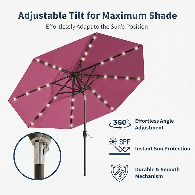 9FT Solar Umbrella 32 LED Lighted Patio Umbrella Table Market Umbrella w/Tilt and Crank, UV-Resistant Outdoor Umbrella for Pool, Garden, Deck, Rose Pink