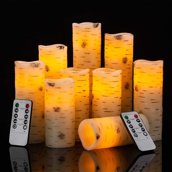 Enpornk Flameless Flickering LED Candles with Birch Bark Effect - Set of 9 Battery-Operated Real Wax Pillar with 10-Key Remote Control - 2/4/6/8 Hour Timer