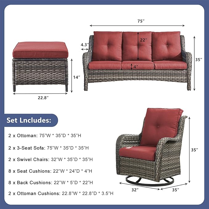 Rilyson Wicker Patio Furniture Set - 6 Piece Rattan Outdoor Sectional Conversation Sets with 2 Rocking Swivel Chairs,2 Ottomans and 2 Sofa for Porch Deck Garden(Mixed Grey/Red)