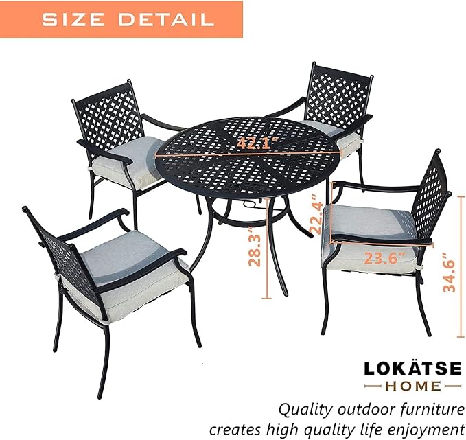 Garden Elements 5-Piece Outdoor Patio Dining Set – 42" Round Table with Umbrella Hole & 4 Armrest Chairs with Cushions – Weather-Resistant Steel, Black/Gray