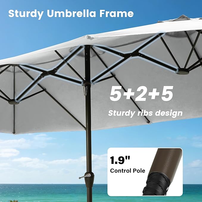 15FT Large Patio Umbrellas with Base Included, Outdoor Double-Sided Rectangle Big Market Umbrella with Stand, Outside Umbrellas for Poolside Lawn Backyard,Light Gray