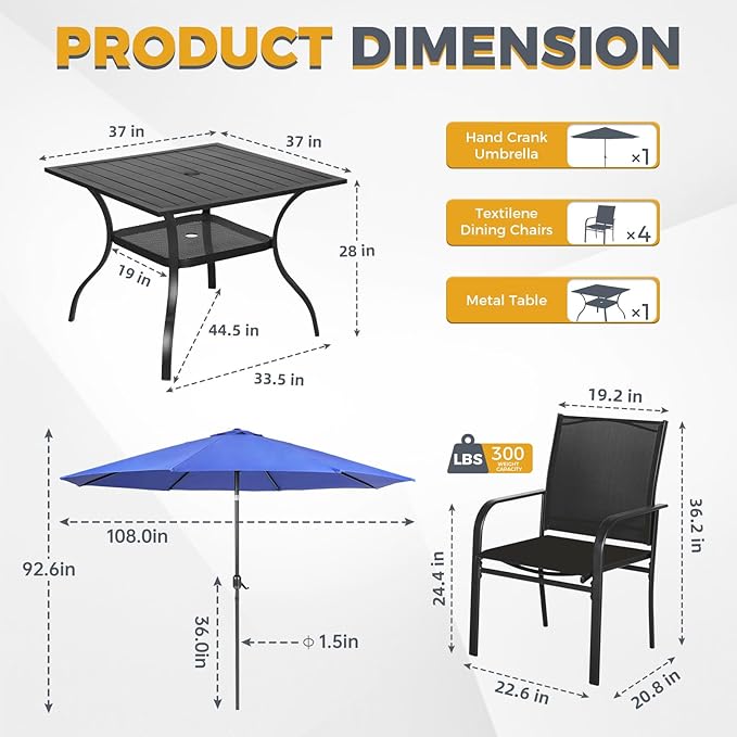 Incbruce 6 Pieces Patio Dining Set with Dark Blue Umbrella, Outdoor Dining Set of 4 Textilene Chairs and Square Table with Umbrella Hole for Backyard, Garden, and Poolside (Black)