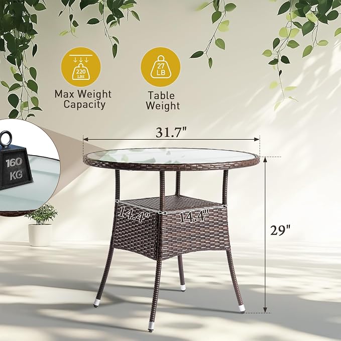 31.5 Inch Round Patio Dining Table for 2-4, Outdoor Wicker Table with Glass Top, All-Weather Rattan Bistro Coffee Table for Backyard, Deck, Porch, Poolside, Easy Assembly for Outdoor Use Brown