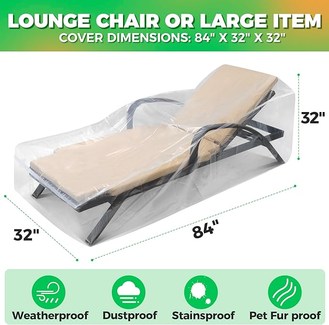 2-Pack Waterproof Outdoor Chaise Lounge Covers for Patio Furniture - Reusable & Heavy-Duty Clear Plastic Outdoor Furniture Covers Waterproof for Lounge Chairs, 84" x 32" x 32"