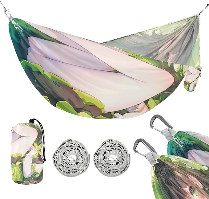Anime Girl Green Art Print Outdoor Hammock with Tree Straps Cloth Hammock for Indoor Outdoor Patio