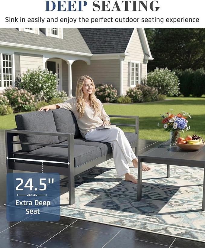 AECOJOY Aluminum Patio Furniture Set, 7 Seats Modern Outdoor Furniture with Coffee Table, 5 Pieces Metal Conversation Sectional Sofa, Dark Gray