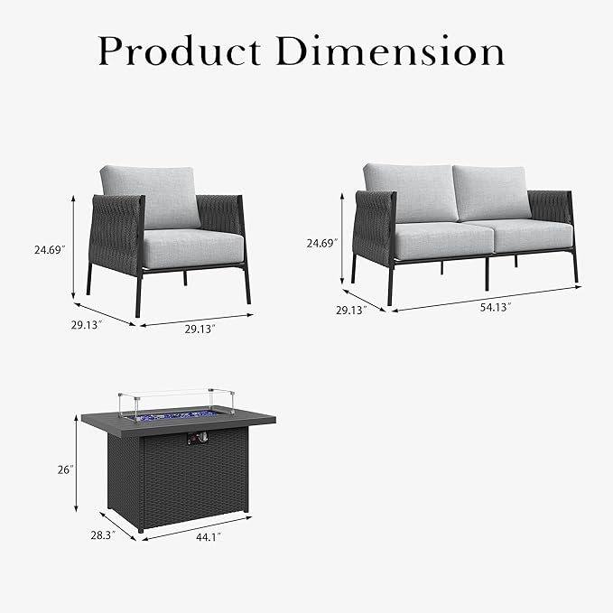 LayinSun 4 Piece Outdoor Furniture Set with Fire Pit Table, Modern Rope Woven Patio Conversation Sofa Set with Olefin Braid and Deep Seating