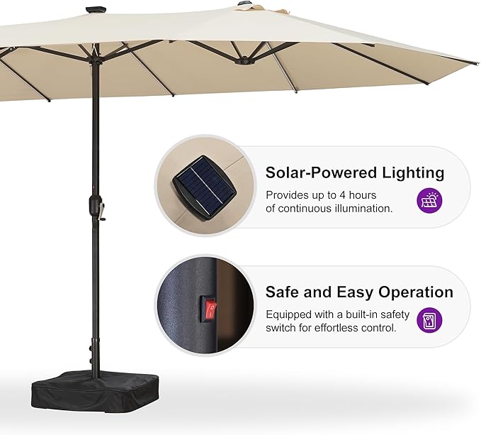 PURPLE LEAF 14ft Patio Market Umbrella with Solar LED and Base Double-Sided Rectangle Outdoor Table Sun Umbrellas with Crank for Pool Beach Deck Backyard Khaki