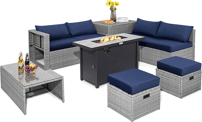 Tangkula 9 PCS Patio Furniture Set with 42” 60,000 BTU Fire Pit, Outdoor Space-Saving Sectional Sofa Set with Storage Box, Waterproof Covers Included (Navy)