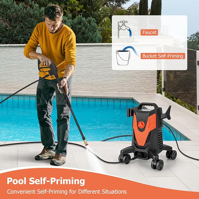 COSTWAY Electric Pressure Washer with 4 Universal Wheels, 2400 PSI High Pressure Cleaner Machine with 4 Nozzles and Soap Bottle, 1.7 GPM Portable Washer for Car, 3 Self-Priming Ways (Orange+Black)