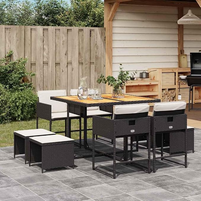 8-Seater Garden Dining Set, Black Poly Rattan Patio Furniture with Acacia Wood Accents, Foldable Outdoor Table and Chairs for Backyard, Deck, and Lawn
