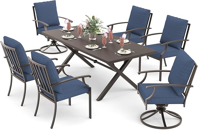 ALAULM 7-Piece Patio Dining Table and Chairs for 6 Outdoor Dining Set with 2 Swivel Chairs Patio Dining Sets with Rectangular Metal Table with Umbrella Hole for Patio, Backyard, Garden-Dark Blue