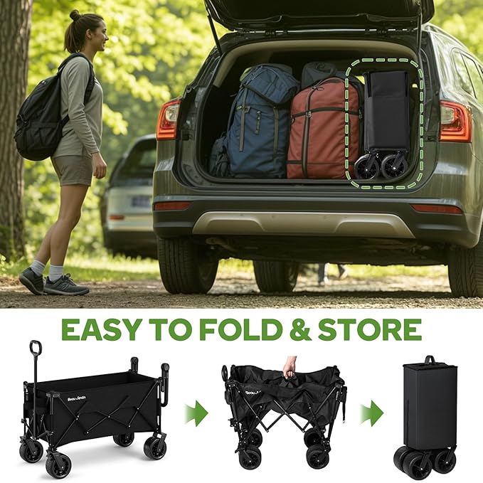 BEAU JARDIN Folding Push & Pull Beach Wagon 500 lbs Collapsible Foldable Wagons with Push Handle All Terrain Wheels Grocery Utility Camping Skiing Ice Fishing Sports Garden Wagon Cart Black
