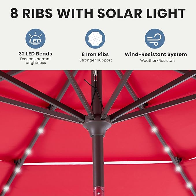 DUMOS LED Outdoor Patio Umbrella 10 FT UV-Resistant Market Umbrella with Tilt Adjustment & Crank Lift, All-Weather Shade for Backyard, Deck, Garden, Beach