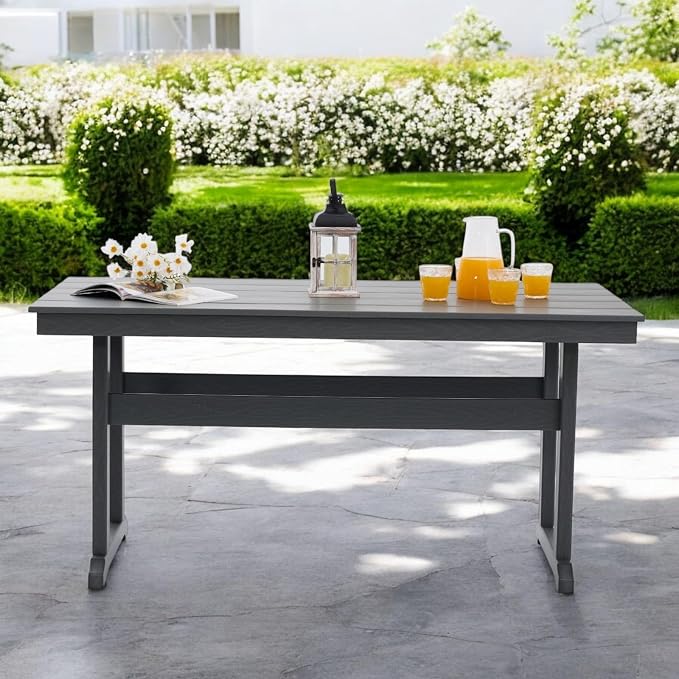 HDPE Outdoor Dining Table for 6, 62.2” Rectangle All-Weather Resistant Patio Dining Table with 2” Umbrella Hole for Balcony, Backyard, Garden,Lawn (Dark Grey, Dining Table)