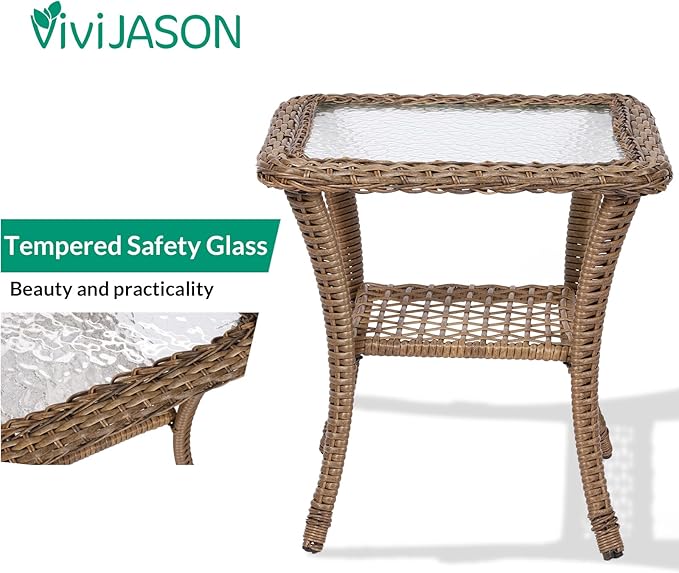VIVIJASON 3-Piece Patio Bistro Glider Set, Outdoor Wicker Glider Rocking Chairs Set of 2 with Tempered Glass Side Table, Patio Rattan Furniture Set for for Backyard, Garden and Porch, Navy Blue