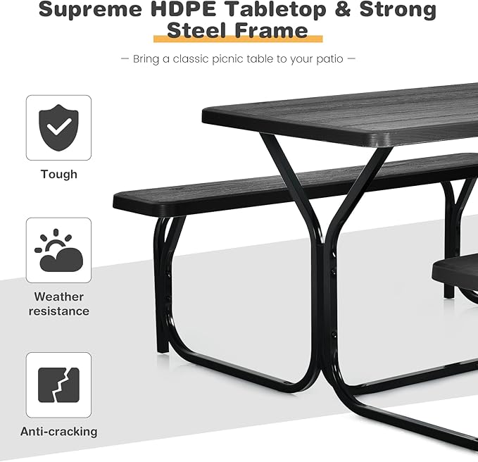 COSTWAY Outdoor Picnic Table, HDPE Plastic Picnic Table Bench Set with Weather Resistant Tabletop & Wood Texture, Ideal for Patio, Backyard (59" D x 54" W x 28.5" H,Black)