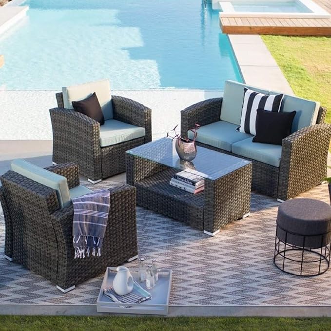 Jeco W00607 Nefeli Resin Wicker 4 Piece Patio Conversation Set with 3" Cushions, Grey